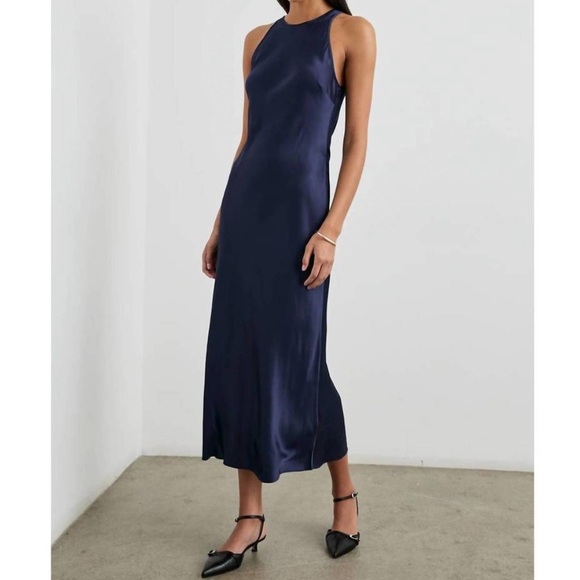 Rails Solene Satin Midi Sheath Slip Dress Navy Blue XS - Picture 2 of 10